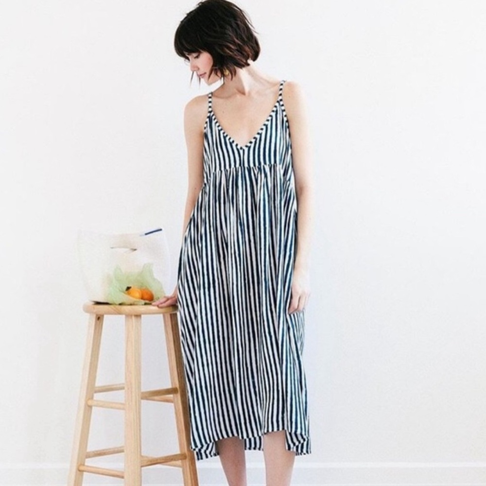 Emerson Fry Navy and White Striped Sleeveless Midi Dress